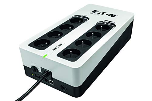 Inversor Eaton 3S 700 FR con protección contra sobretensiones - SAI fuera de línea - sistema de alimentación ininterrumpida - potencia 700 VA (8 tomas FR, silenciosas, 2 puertos de carga USB tipo A) - Interfaz USB - blanco y negro (3S700F)